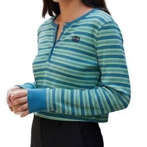 dELiA*s Striped Waffle Knit Henley Crop Top Y2K Vintage Small Long Sleeve